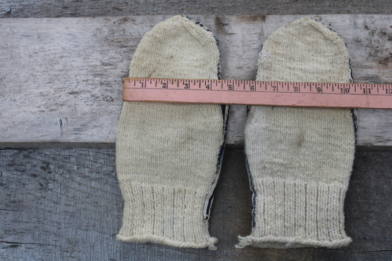 photo of old antique hand knit wool mittens, farm chores chopper mittens w/ blue striped ticking fabric  #7