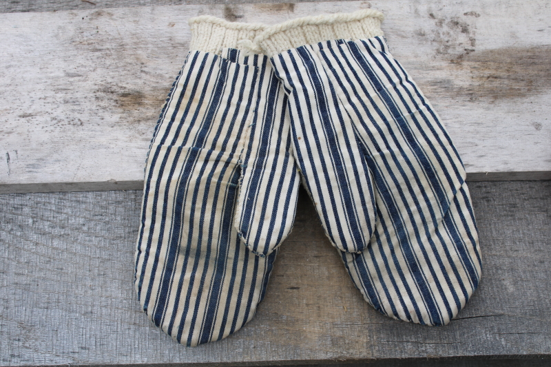 photo of old antique hand knit wool mittens, farm chores chopper mittens w/ blue striped ticking fabric  #9