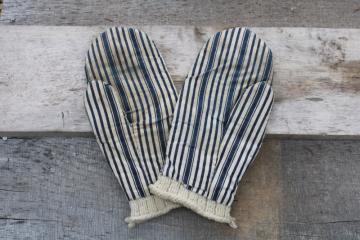 old antique hand knit wool mittens, farm chores chopper mittens w/ blue striped ticking fabric 