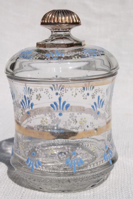 photo of old antique hand painted enamel glass jar canister from Victorian vintage table set #1