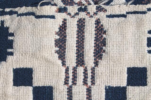 photo of old antique hand woven coverlet fragment, primitive indigo blue wool & linen fabric #2