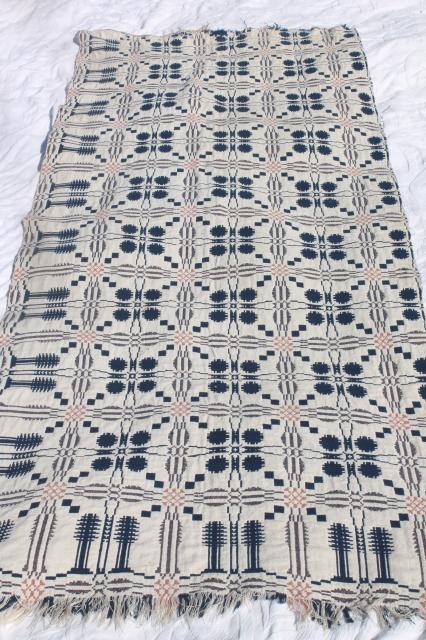 photo of old antique hand woven coverlet fragment, primitive indigo blue wool & linen fabric #3