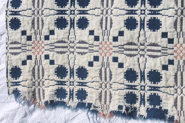 photo of old antique hand woven coverlet fragment, primitive indigo blue wool & linen fabric #5