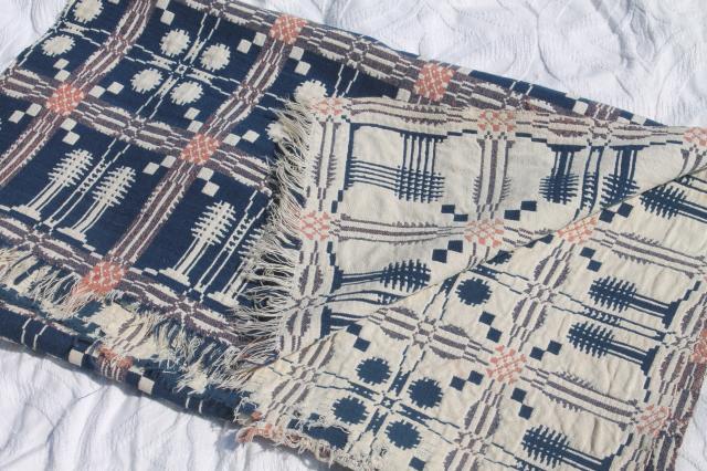 photo of old antique hand woven coverlet fragment, primitive indigo blue wool & linen fabric #6