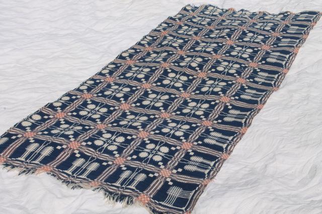 photo of old antique hand woven coverlet fragment, primitive indigo blue wool & linen fabric #7