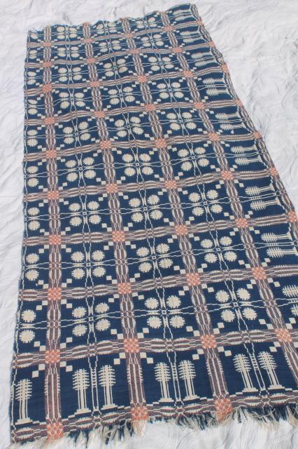 photo of old antique hand woven coverlet fragment, primitive indigo blue wool & linen fabric #8