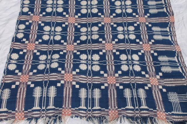 photo of old antique hand woven coverlet fragment, primitive indigo blue wool & linen fabric #9