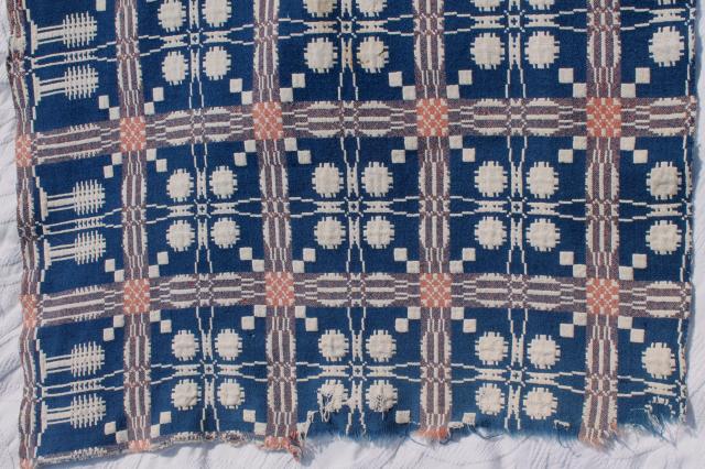 photo of old antique hand woven coverlet fragment, primitive indigo blue wool & linen fabric #10