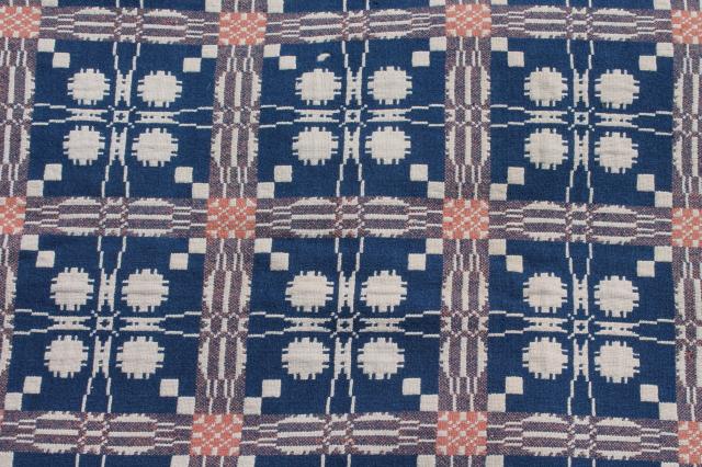 photo of old antique hand woven coverlet fragment, primitive indigo blue wool & linen fabric #11