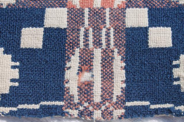 photo of old antique hand woven coverlet fragment, primitive indigo blue wool & linen fabric #13