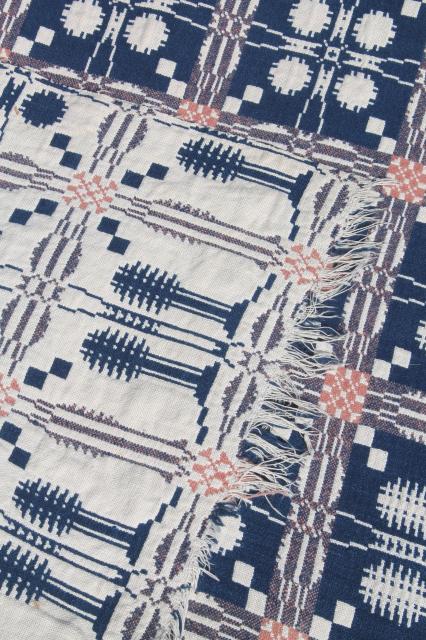 photo of old antique hand woven coverlet fragment, primitive indigo blue wool & linen fabric #14