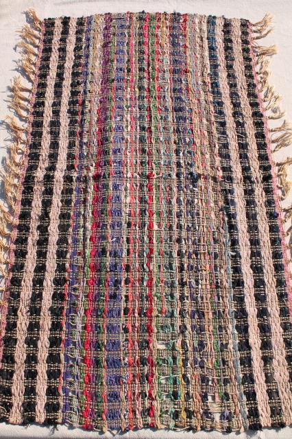 photo of old antique handmade silk mat table cover, silk rag ribbons woven w/ knotted fringe #1