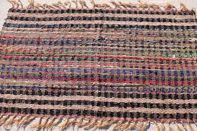 photo of old antique handmade silk mat table cover, silk rag ribbons woven w/ knotted fringe #2