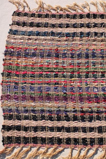 photo of old antique handmade silk mat table cover, silk rag ribbons woven w/ knotted fringe #3