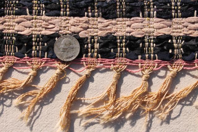 photo of old antique handmade silk mat table cover, silk rag ribbons woven w/ knotted fringe #4