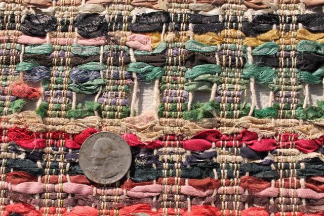 photo of old antique handmade silk mat table cover, silk rag ribbons woven w/ knotted fringe #6