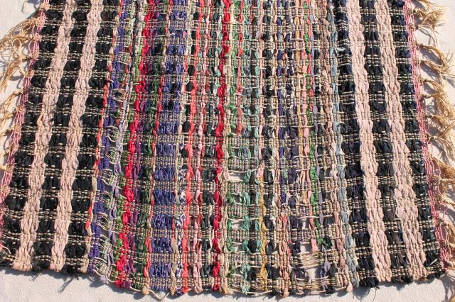 photo of old antique handmade silk mat table cover, silk rag ribbons woven w/ knotted fringe #7