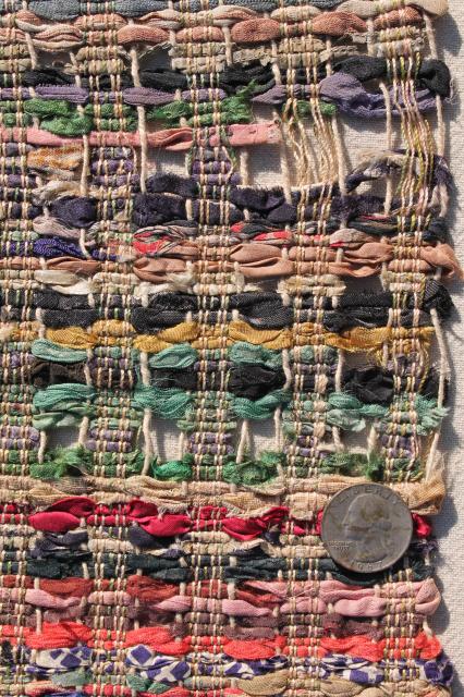 photo of old antique handmade silk mat table cover, silk rag ribbons woven w/ knotted fringe #9