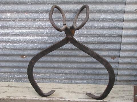 photo of old antique iron tongs, primitive vintage farm ice house block carrier tool #1