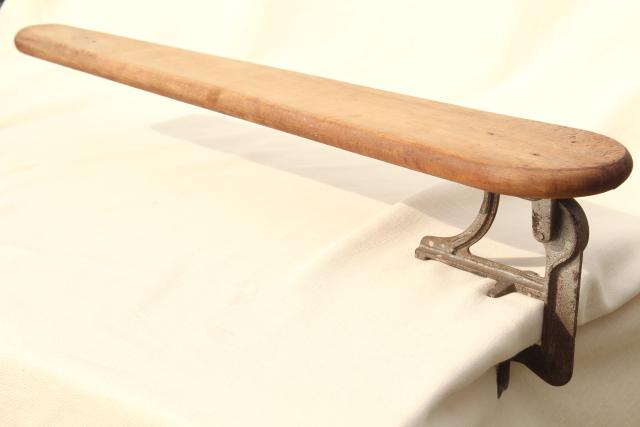 photo of old antique ironing board hardware, fold down drop leaf articulated hinge arm wall mount bracket #1