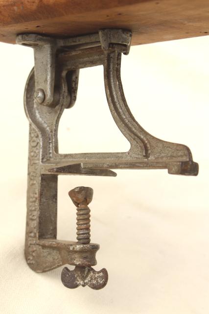 photo of old antique ironing board hardware, fold down drop leaf articulated hinge arm wall mount bracket #2