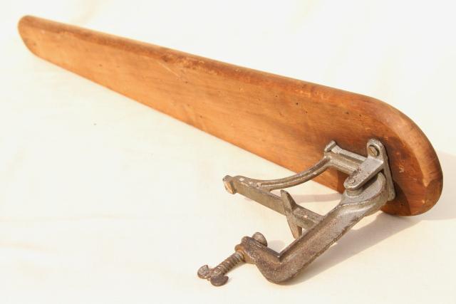 photo of old antique ironing board hardware, fold down drop leaf articulated hinge arm wall mount bracket #5