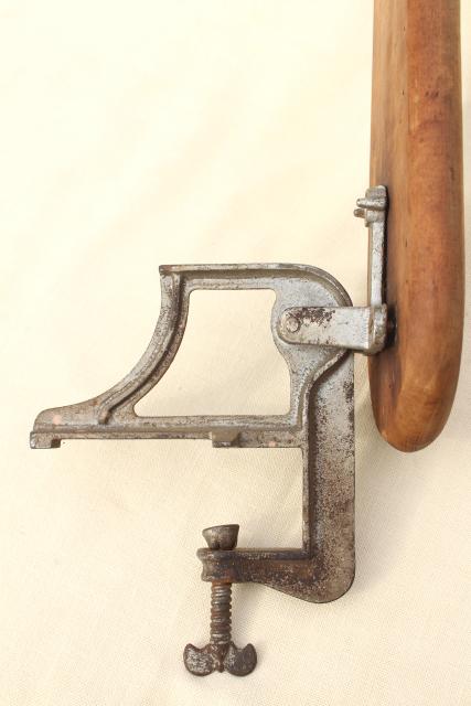 photo of old antique ironing board hardware, fold down drop leaf articulated hinge arm wall mount bracket #7