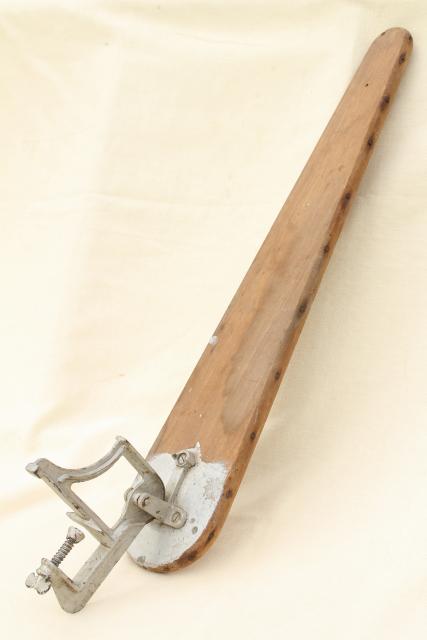 photo of old antique ironing board hardware, fold down drop leaf articulated hinge arm wall mount bracket #5