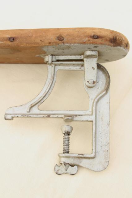 photo of old antique ironing board hardware, fold down drop leaf articulated hinge arm wall mount bracket #6
