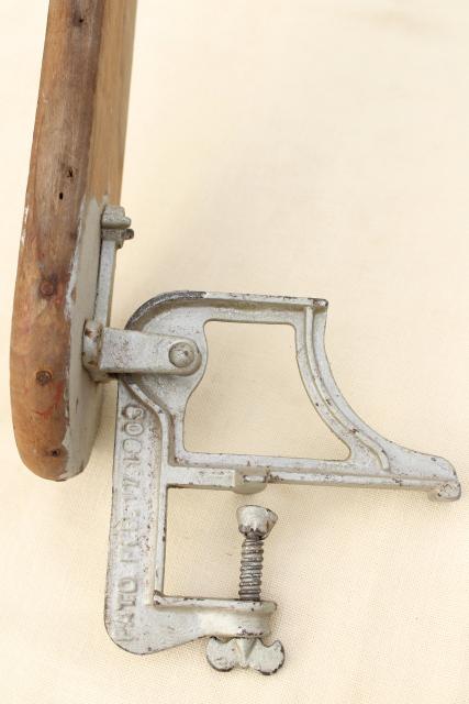 photo of old antique ironing board hardware, fold down drop leaf articulated hinge arm wall mount bracket #7