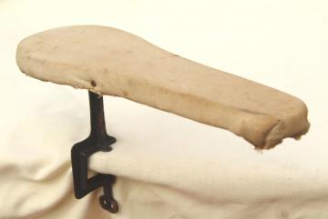 photo of old antique ironing board hardware, fold down drop leaf articulated hinge arm wall mount bracket