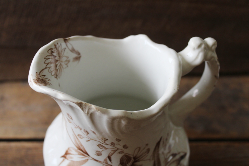 photo of old antique ironstone china pitcher, brown transferware late summer or fall flowers aesthetic  #2