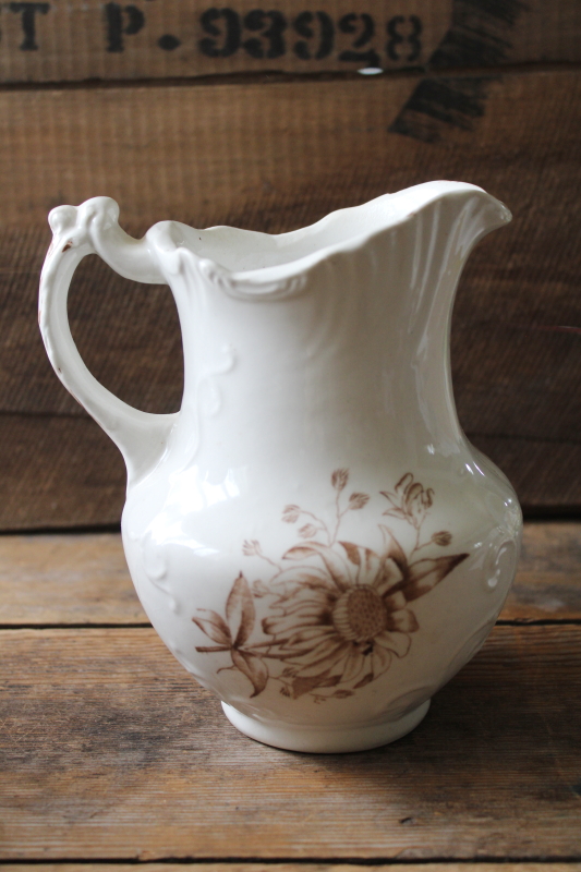 photo of old antique ironstone china pitcher, brown transferware late summer or fall flowers aesthetic  #3