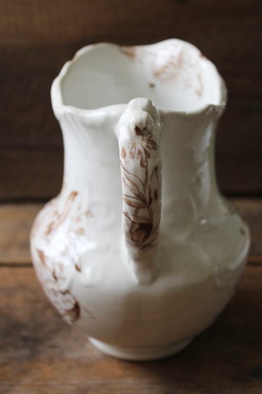 photo of old antique ironstone china pitcher, brown transferware late summer or fall flowers aesthetic  #4