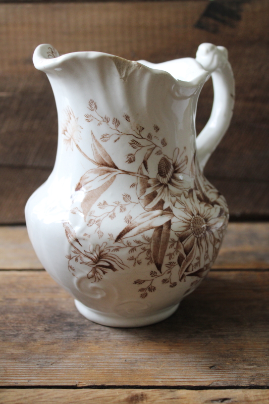 photo of old antique ironstone china pitcher, brown transferware late summer or fall flowers aesthetic  #7