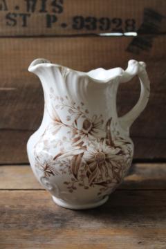 catalog photo of old antique ironstone china pitcher, brown transferware late summer or fall flowers aesthetic 