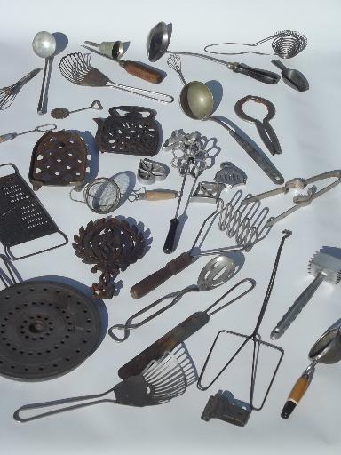 photo of old antique kitchen  tools utensils lot, vintage kitchenware collection #1