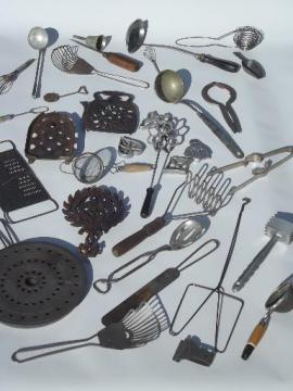 catalog photo of old antique kitchen  tools utensils lot, vintage kitchenware collection