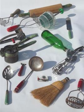 catalog photo of old antique kitchen tools utensils lot, vintage kitchenware collection