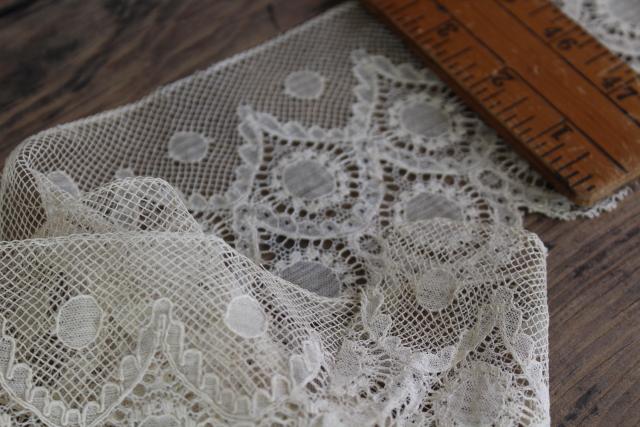 photo of old antique lace wide edging flounce, French bobbin lace net scallops ecru cotton thread #2