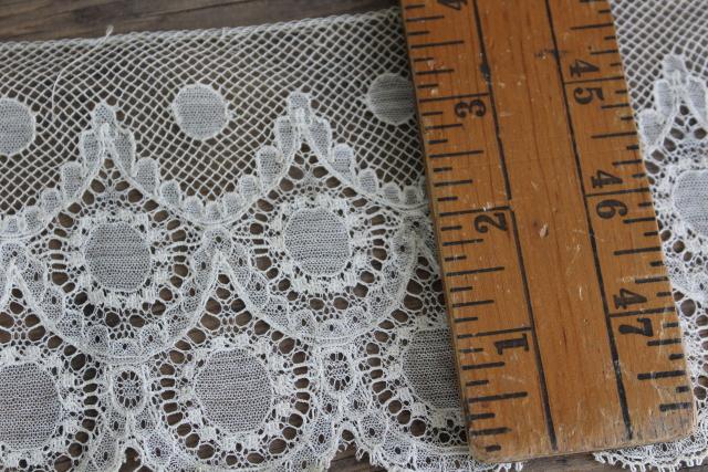 photo of old antique lace wide edging flounce, French bobbin lace net scallops ecru cotton thread #3