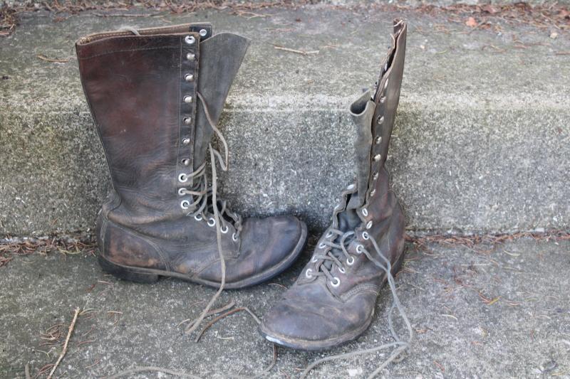 photo of old antique lace-up leather work boots, early 1900s vintage tall boots, witch shoes! #1