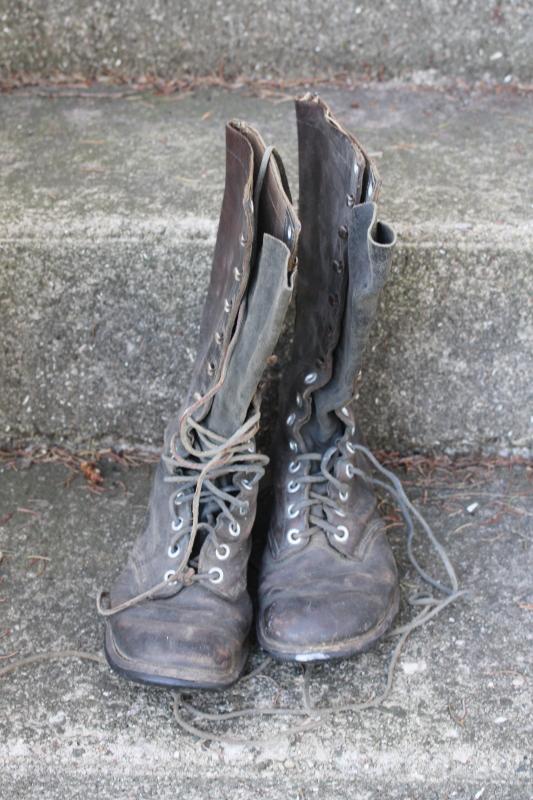 photo of old antique lace-up leather work boots, early 1900s vintage tall boots, witch shoes! #2