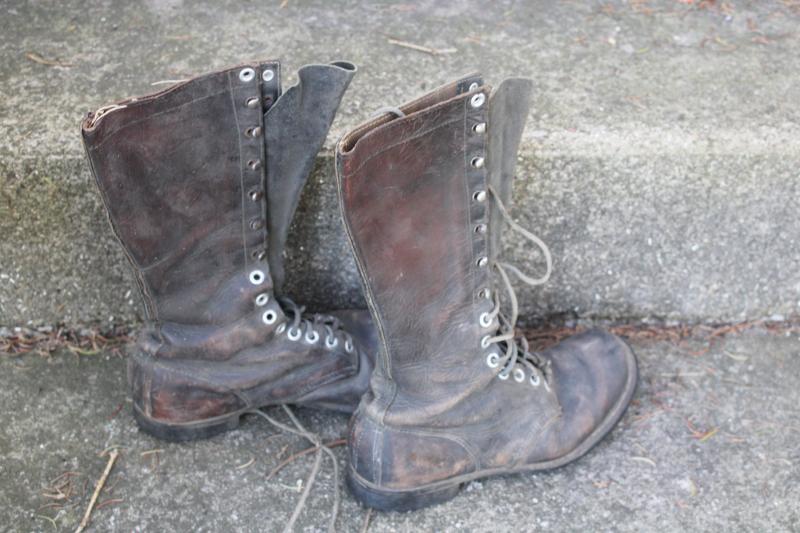 photo of old antique lace-up leather work boots, early 1900s vintage tall boots, witch shoes! #3