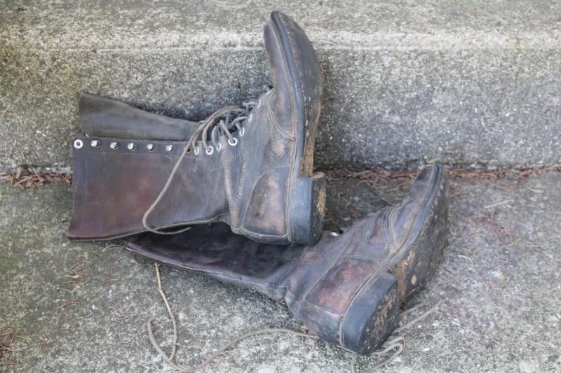 photo of old antique lace-up leather work boots, early 1900s vintage tall boots, witch shoes! #6