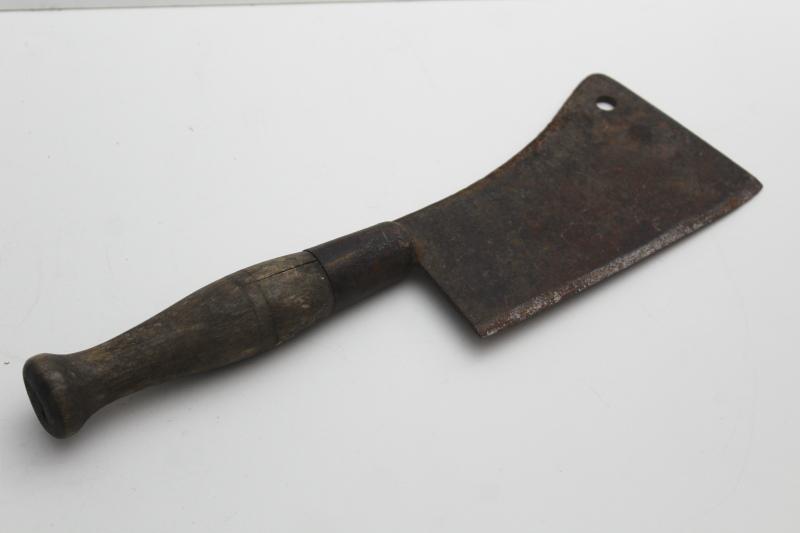 photo of old antique meat cleaver, rusty steel blade for restoration - vintage butchering tool #1