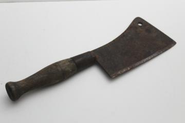 catalog photo of old antique meat cleaver, rusty steel blade for restoration - vintage butchering tool