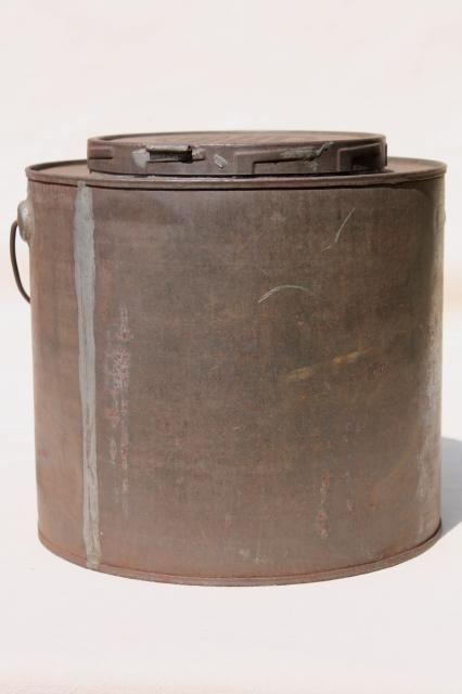 photo of old antique metal bucket, bail handle pail tin can w/ lid, 1880s embossed date #2