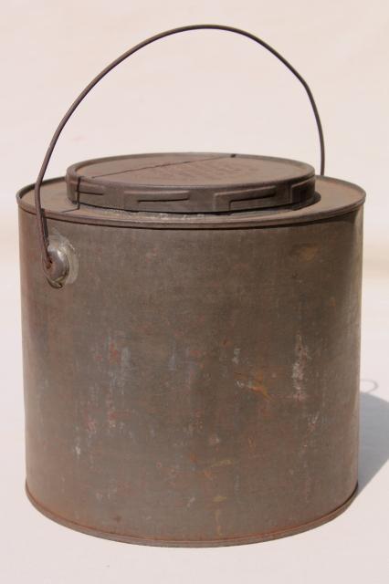 photo of old antique metal bucket, bail handle pail tin can w/ lid, 1880s embossed date #5