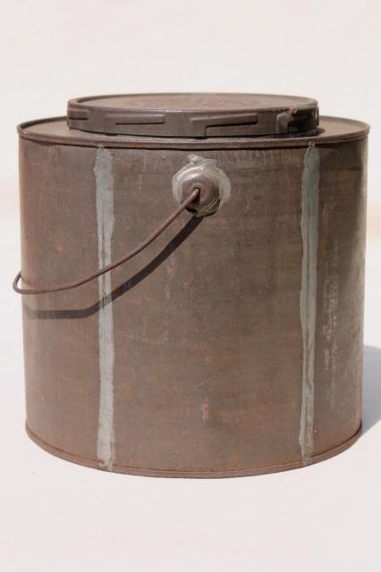 photo of old antique metal bucket, bail handle pail tin can w/ lid, 1880s embossed date #8